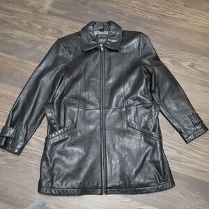 Vintage Adler Black Leather Womens Coat Size PM Belted Collar Full Zip Mobwife